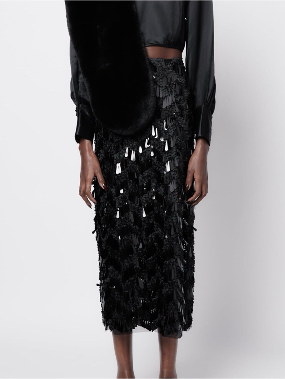 Zara Black Embellished Sequin Midi Skirt XS